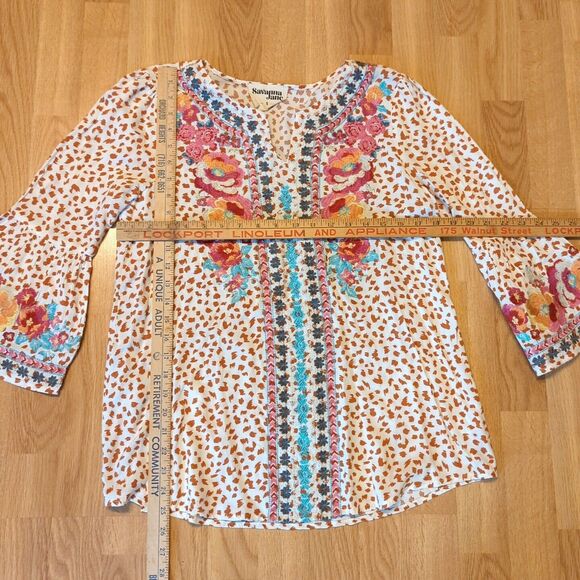 Savanna Jane Top Womens Small Print Floral Embroidered Boho Bell Sleeve - Picture 4 of 7
